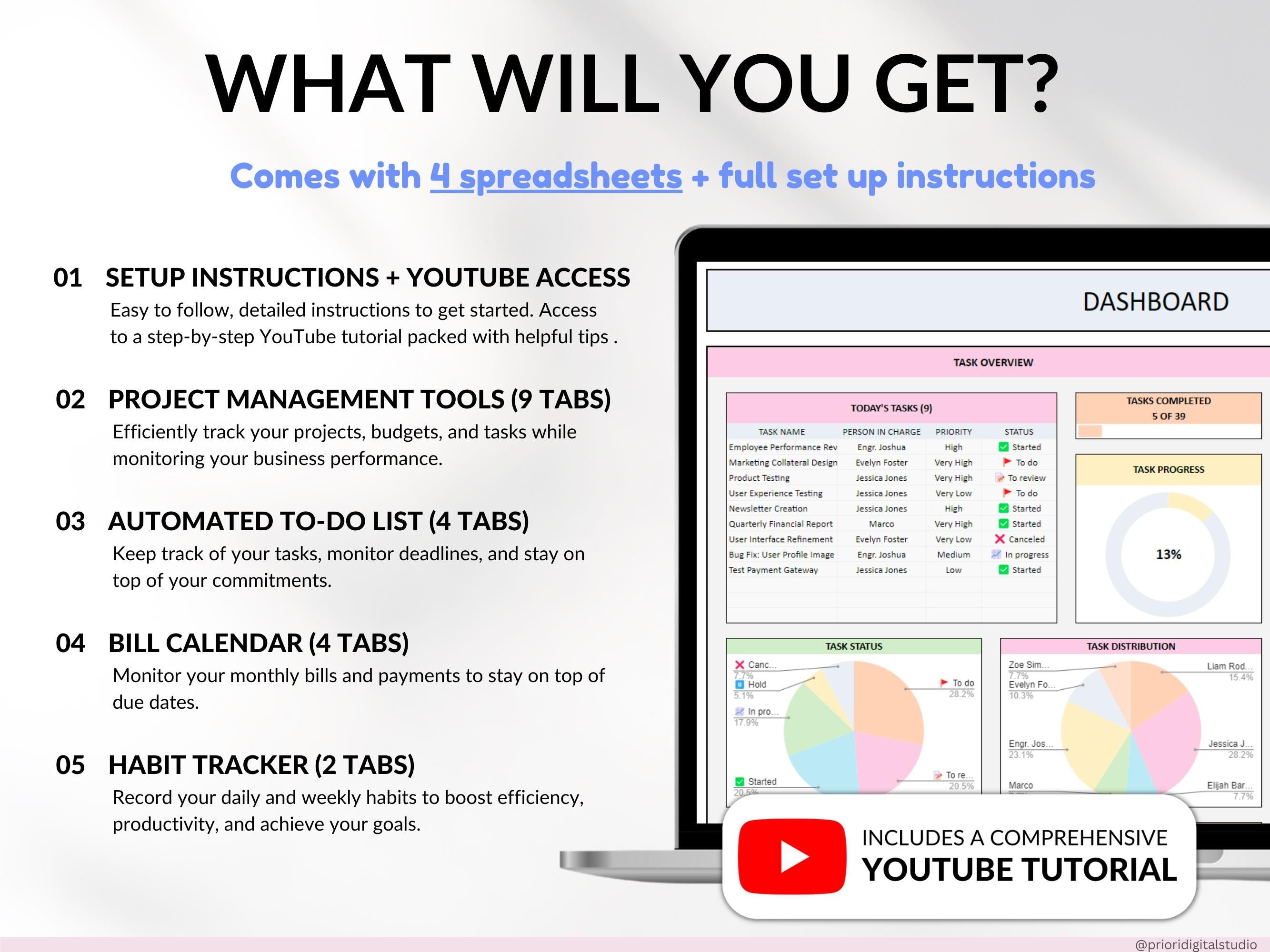 Productivity Planner Bundle Small Business To-Do List Template Task Tracker Project Management Spreadsheet Work Planner Google Sheets Excel
