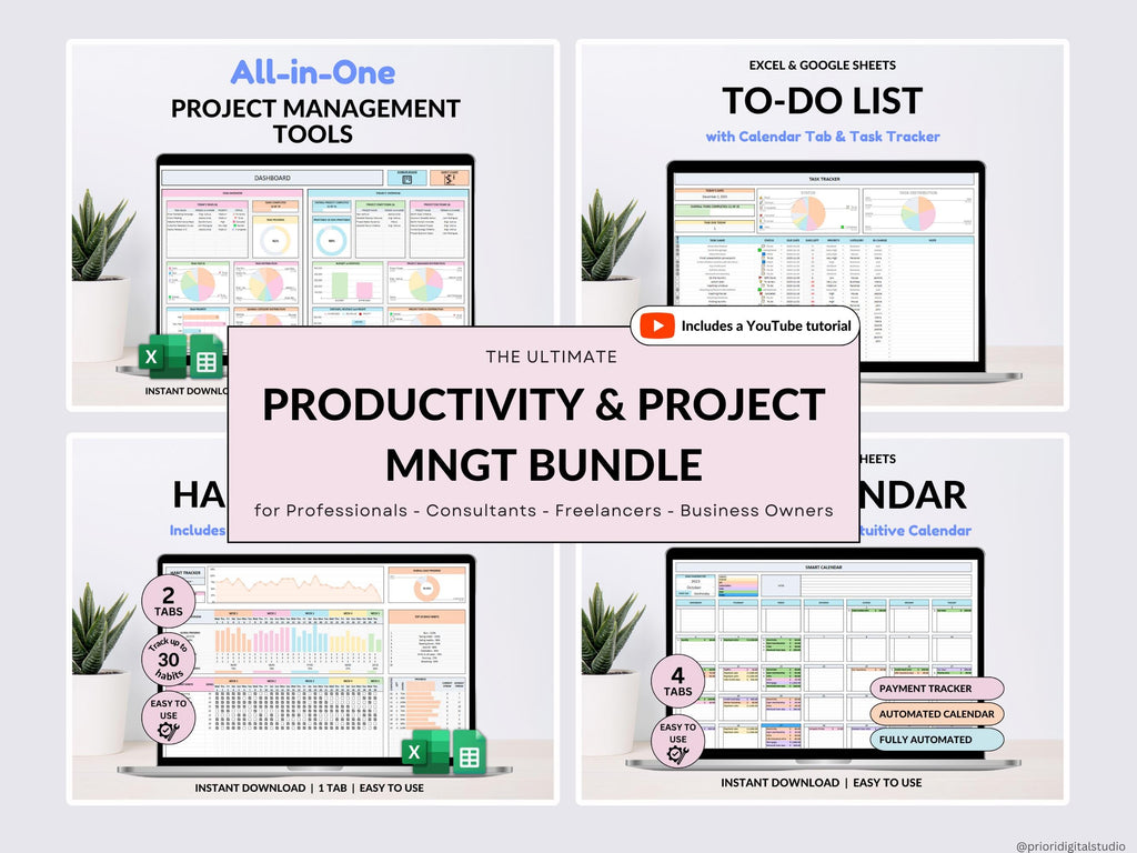 Productivity Planner Bundle Small Business To-Do List Template Task Tracker Project Management Spreadsheet Work Planner Google Sheets Excel