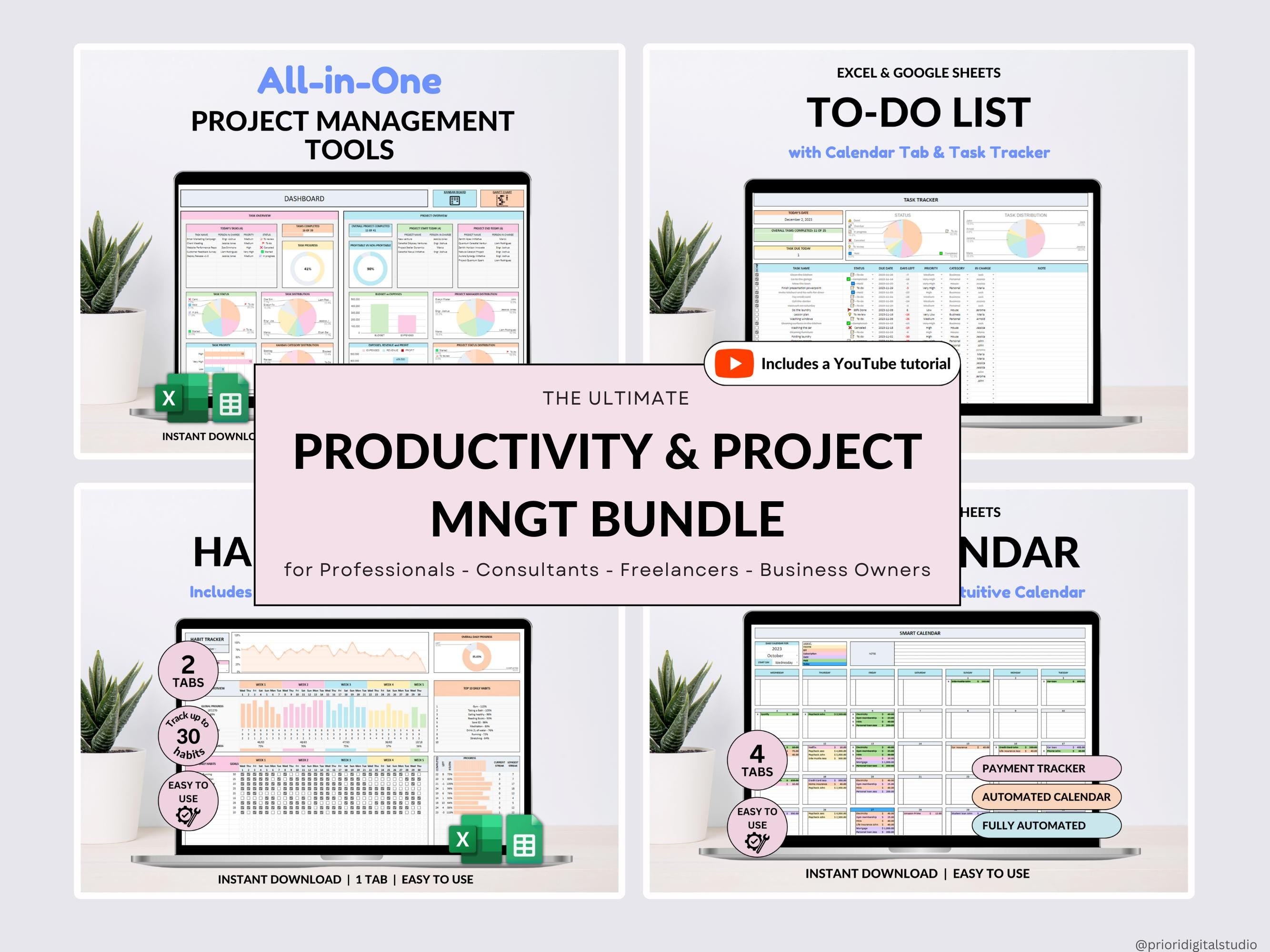 Productivity Planner Bundle Small Business To-Do List Template Task Tracker Project Management Spreadsheet Work Planner Google Sheets Excel
