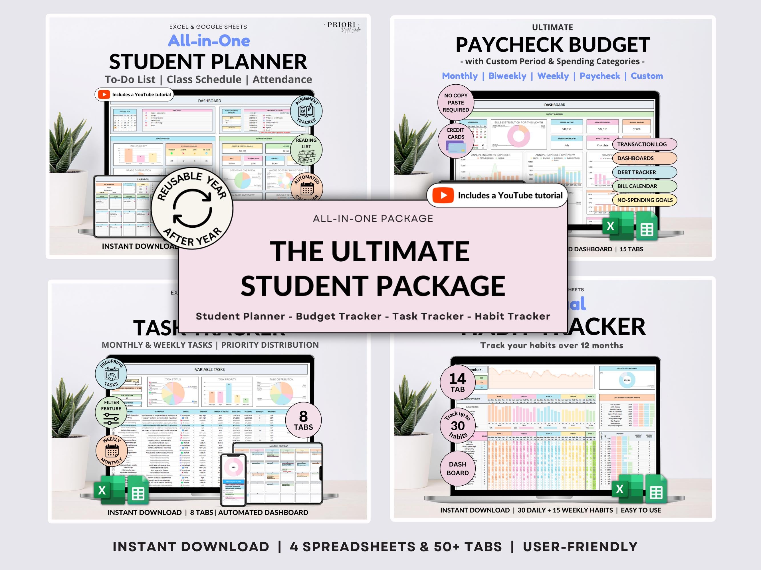 Student Planner Bundle Google Sheets Assignment Tracker Task Organizer Class Schedule Excel Spreadsheet College Academic Budget Planner
