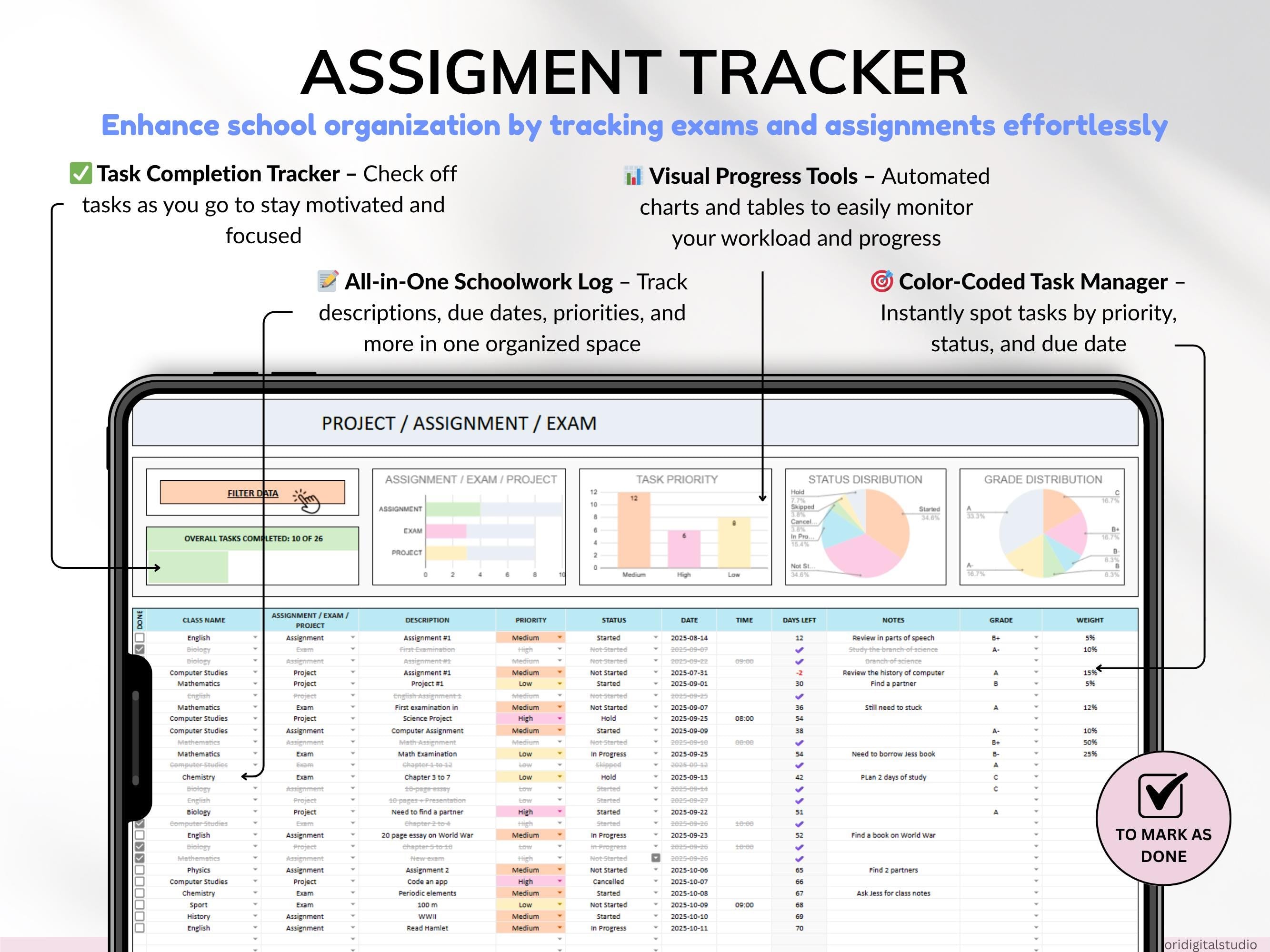 Student Planner Bundle Google Sheets Assignment Tracker Task Organizer Class Schedule Excel Spreadsheet College Academic Budget Planner