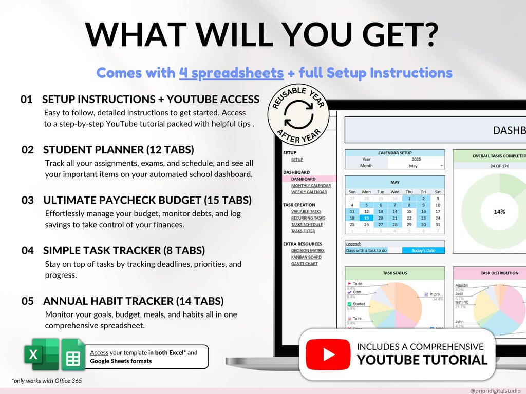 Student Planner Bundle Google Sheets Assignment Tracker Task Organizer Class Schedule Excel Spreadsheet College Academic Budget Planner