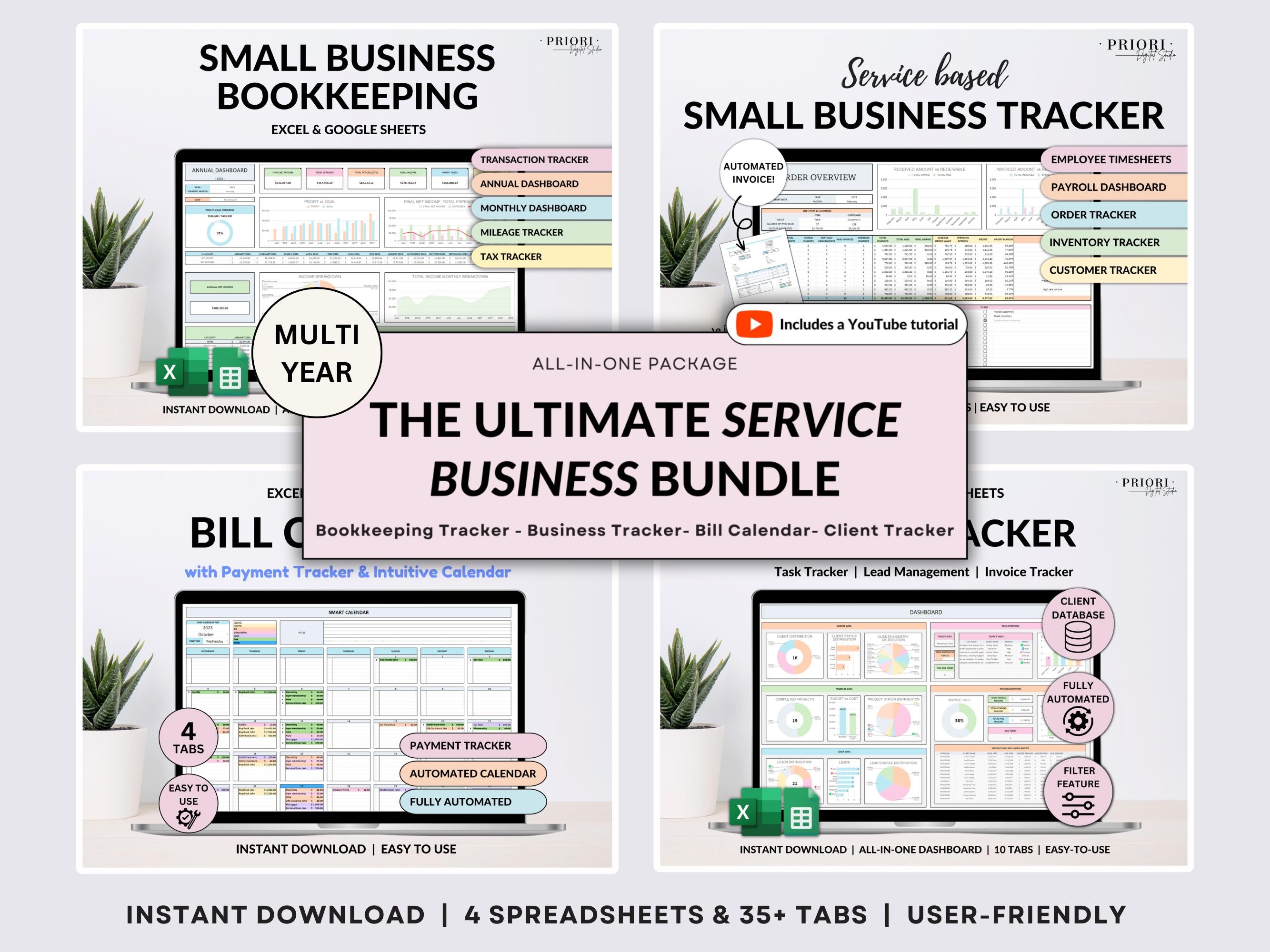 Small Business Spreadsheet Service Business Bookkeeping Client Tracker CRM Payroll Tracker Invoice Tracker Order Tracker Google Sheet Excel